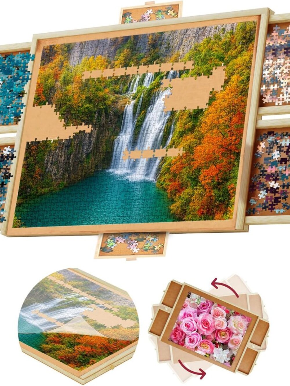 1500 Piece Wooden Jigsaw Puzzle Board - 6 Drawers, Preassembled Rotating Puzzle
